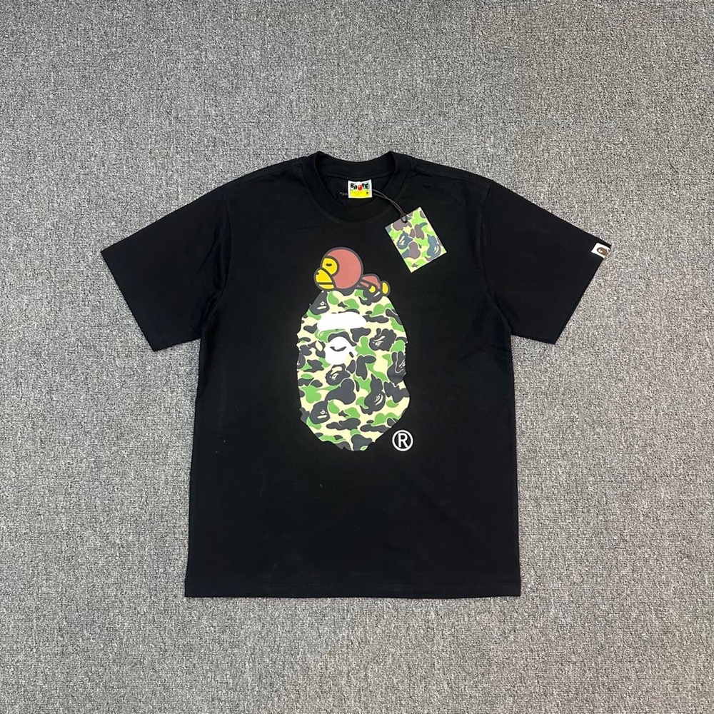 Bape Black Tee with Green Camo Ape Head Graphic